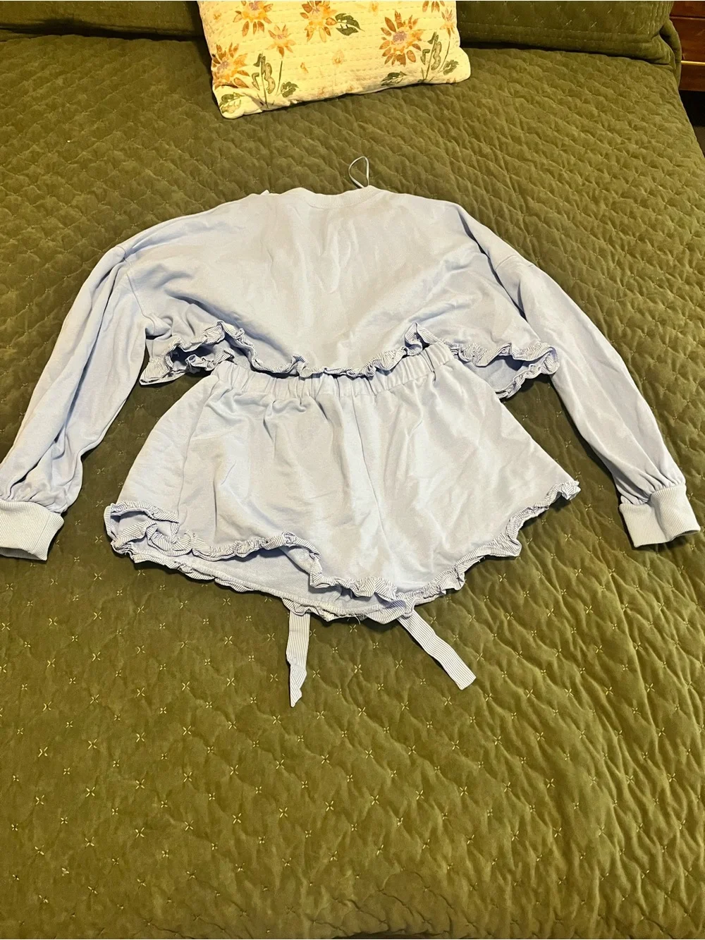 Peach Love California Light Blue Ruffle Crop Sweatshirt & Shorts Set